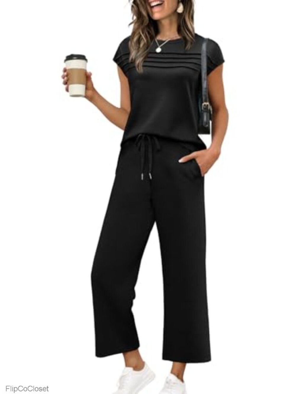 Two Piece Lounge Set Women Cap Sleeve Wide Leg Pants 49% Polyester 44% Rayon 7%